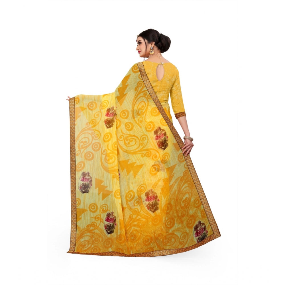 Roneclick Women's Georgette Floral Print Saree With Unstitched Blouse 5.5Mtr (Yellow)