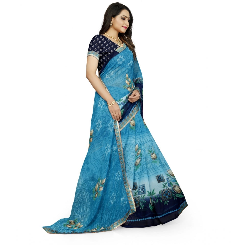 Roneclick Women's Georgette Floral Print Saree With Unstitched Blouse 5.5Mtr (Light Blue)