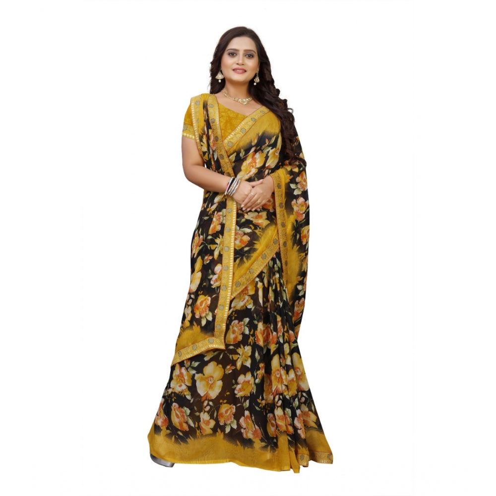 Roneclick Women's Georgette Floral Print Saree With Unstitched Blouse 5.5Mtr (Black-Mustard)