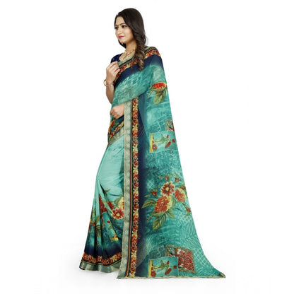 Roneclick Women's Georgette Floral Print Saree With Unstitched Blouse 5.5Mtr (Light Blue)