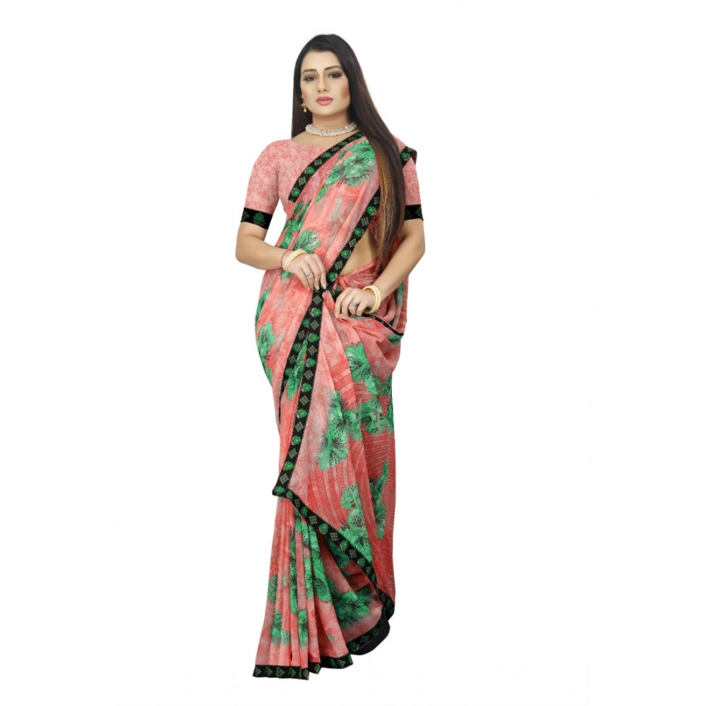 Roneclick Women's Georgette Floral Print Saree With Unstitched Blouse 5.5Mtr (Pink)