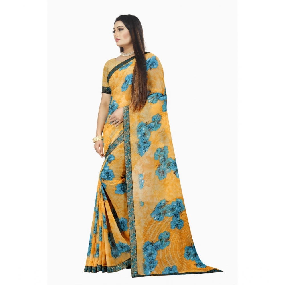 Roneclick Women's Georgette Floral Print Saree With Unstitched Blouse 5.5Mtr (Blue-Orange)