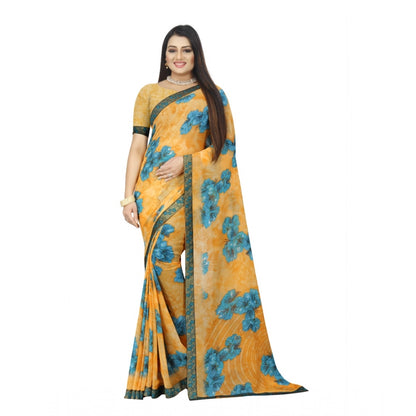 Roneclick Women's Georgette Floral Print Saree With Unstitched Blouse 5.5Mtr (Blue-Orange)