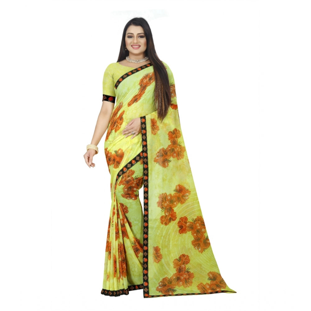 Roneclick Women's Georgette Floral Print Saree With Unstitched Blouse 5.5Mtr (Brown-Mustard)