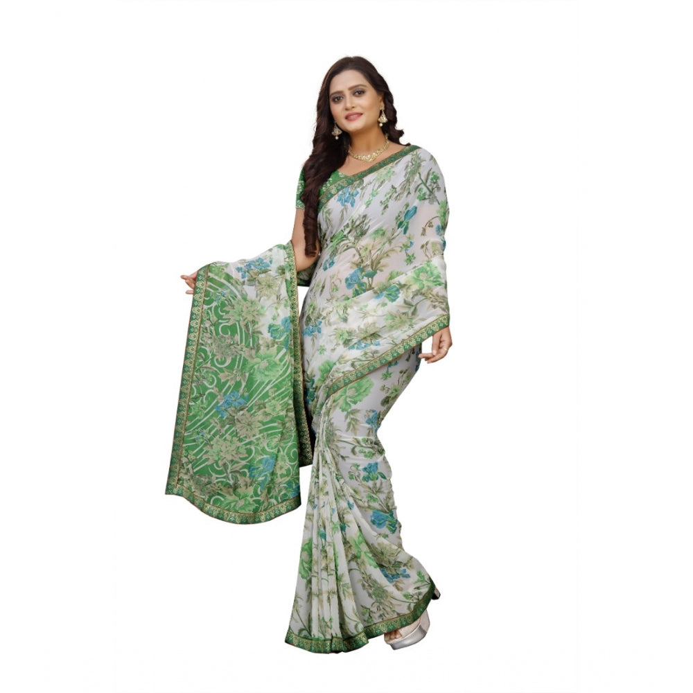 Roneclick Women's Georgette Floral Print Saree With Unstitched Blouse 5.5Mtr (Green)