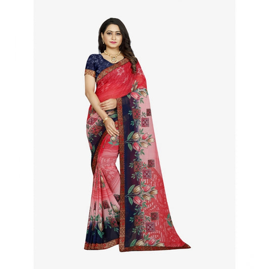 Roneclick Women's Georgette Floral Print Saree With Unstitched Blouse 5.5Mtr (Blue-Pink)