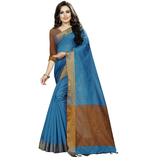 Roneclick Women's Cotton Silk Self Design Saree With Unstitched Blouse 5.5Mtr (Light Blue)