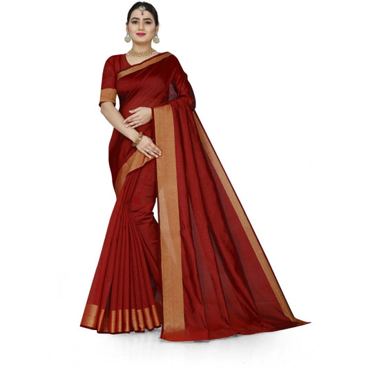 Roneclick Women's Cotton Silk Self Design Saree With Unstitched Blouse 5.5Mtr (Red)