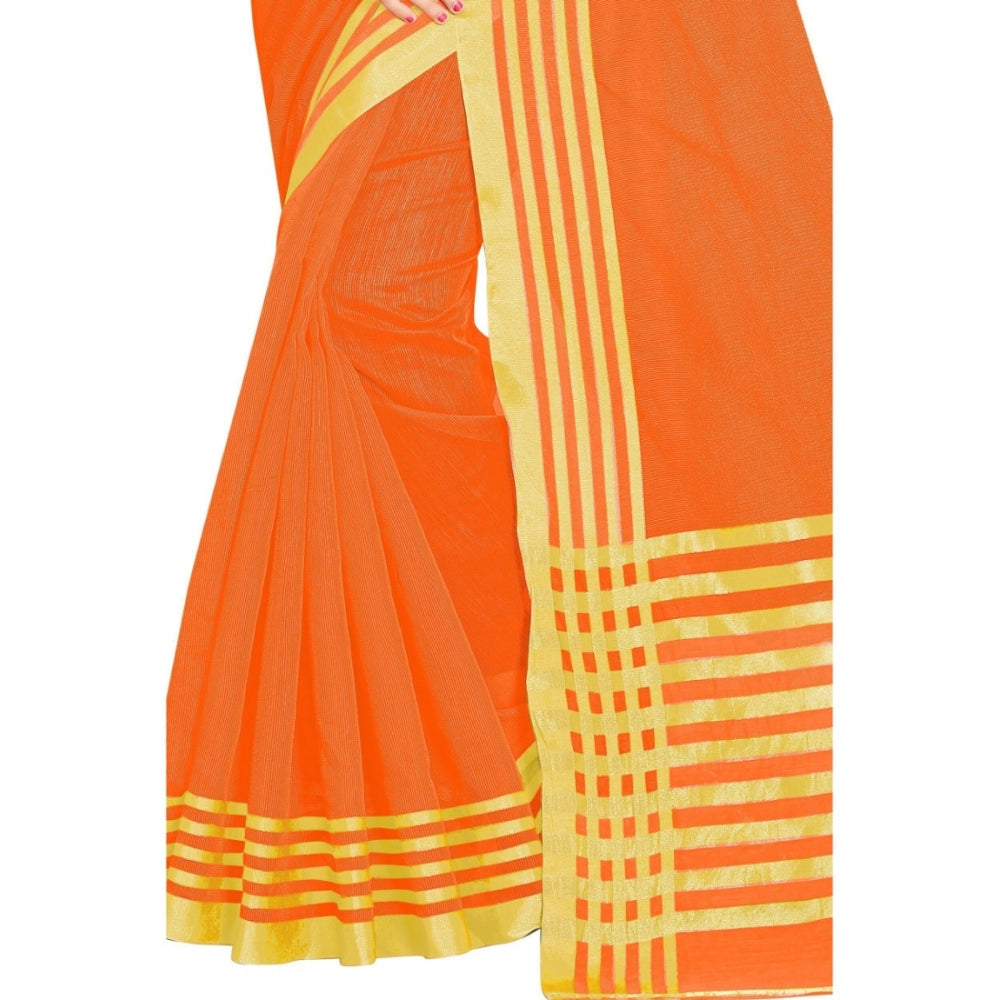 Roneclick Women's Jacquard Striped Saree With Unstitched Blouse 5.5Mtr (Orange)