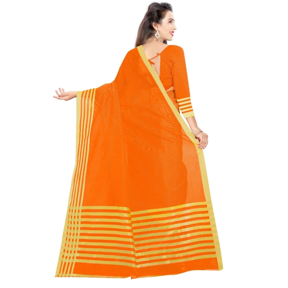 Roneclick Women's Jacquard Striped Saree With Unstitched Blouse 5.5Mtr (Orange)