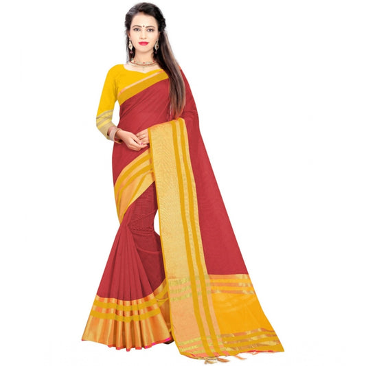 Roneclick Women's Jacquard Striped Saree With Unstitched Blouse 5.5Mtr (Red)