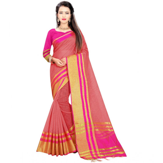 Roneclick Women's Jacquard Striped Saree With Unstitched Blouse 5.5Mtr (Pink)