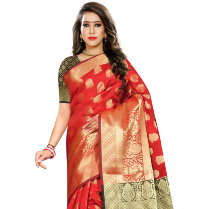 Roneclick Women's Jacquard Woven Saree With Unstitched Blouse 5.5Mtr (Red)