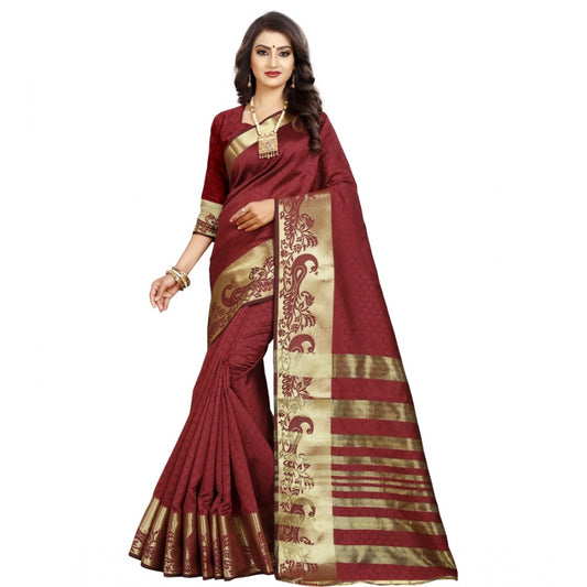 Roneclick Women's Jacquard Woven Saree With Unstitched Blouse 5.5Mtr (Maroon)