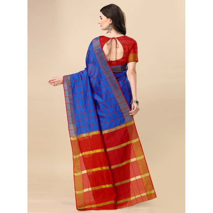 Roneclick Women's Cotton Silk Checkered Saree With Unstitched Blouse 5.5Mtr (Blue)