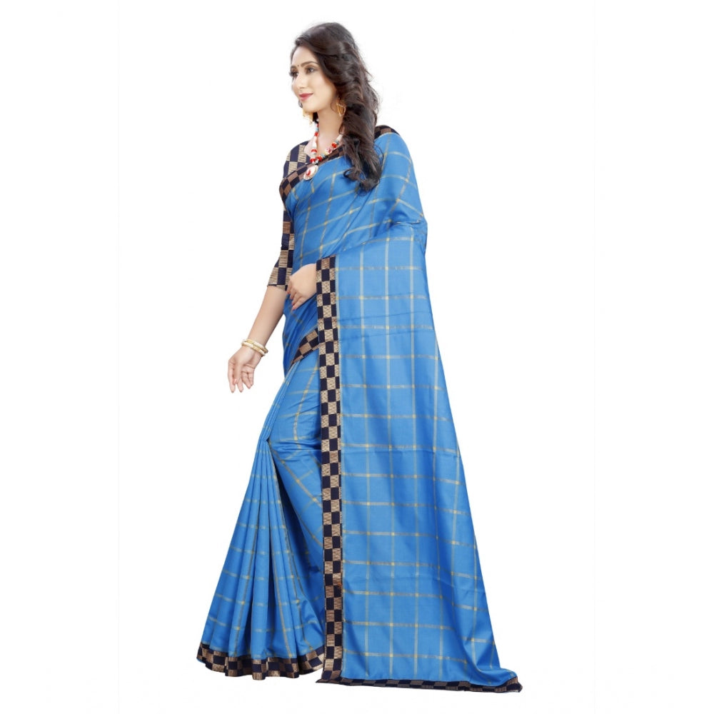 Roneclick Women's Cotton Silk Checkered Saree With Unstitched Blouse 5.5Mtr (Light Blue)