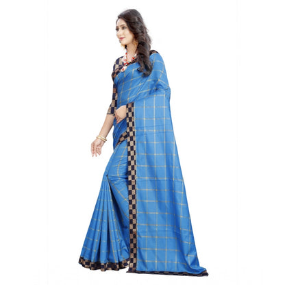 Roneclick Women's Cotton Silk Checkered Saree With Unstitched Blouse 5.5Mtr (Light Blue)