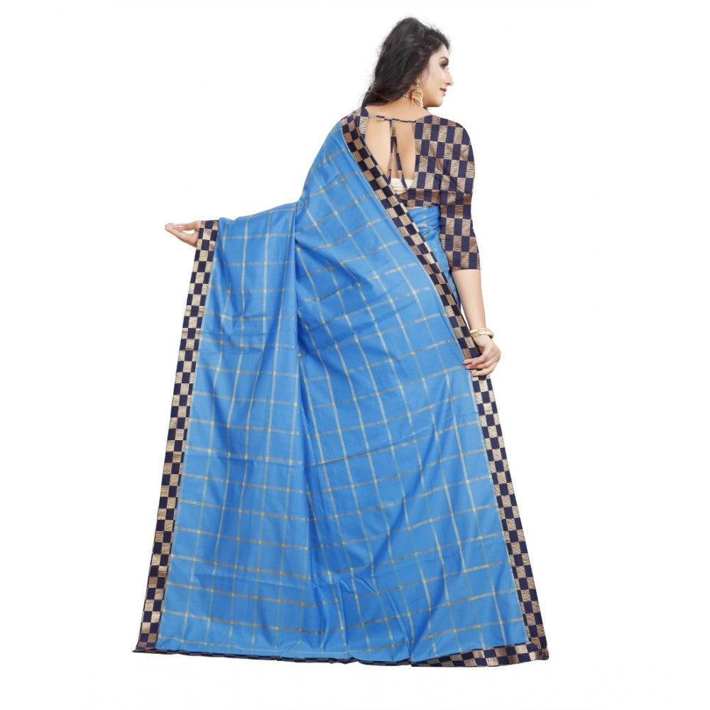 Roneclick Women's Cotton Silk Checkered Saree With Unstitched Blouse 5.5Mtr (Light Blue)