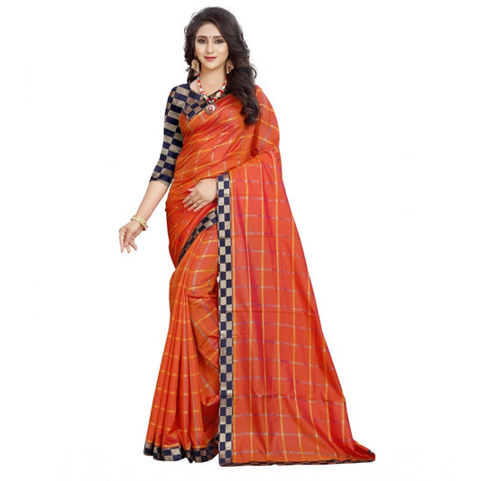 Roneclick Women's Cotton Silk Checkered Saree With Unstitched Blouse 5.5Mtr (Orange)