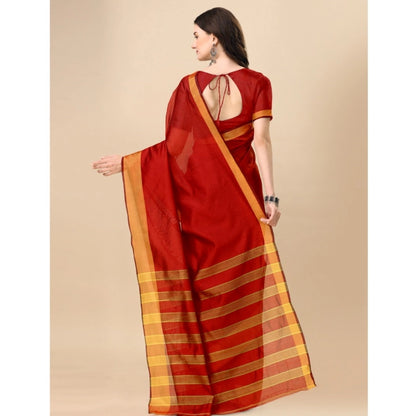 Roneclick Women's Cotton Silk Striped Saree With Unstitched Blouse 5.5Mtr (Red)