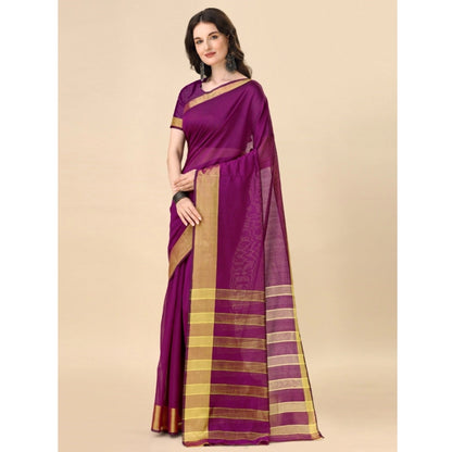 Roneclick Women's Cotton Silk Striped Saree With Unstitched Blouse 5.5Mtr (Purple)