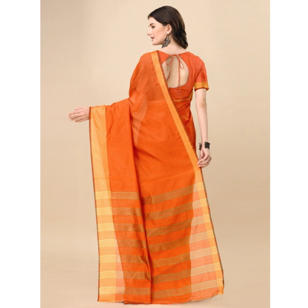 Roneclick Women's Cotton Silk Striped Saree With Unstitched Blouse 5.5Mtr (Orange)