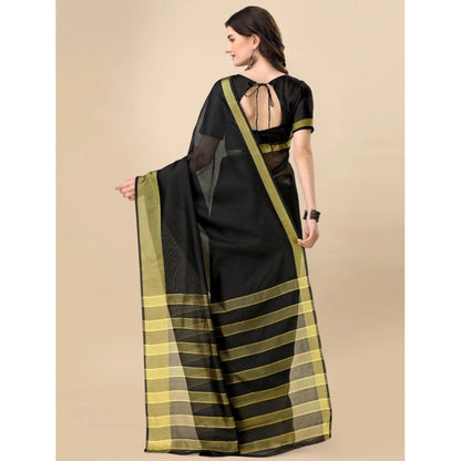 Roneclick Women's Cotton Silk Striped Saree With Unstitched Blouse 5.5Mtr (Black)