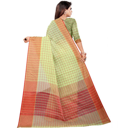 Roneclick Women's Cotton Silk Checkered Saree With Unstitched Blouse 5.5Mtr (Green)