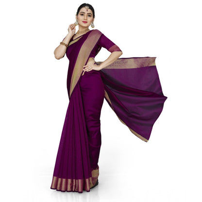 Roneclick Women's Cotton Silk Self Design Saree With Unstitched Blouse 5.5Mtr (Purple)