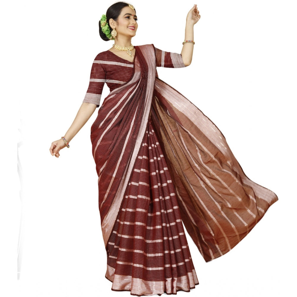 Roneclick Women's Cotton Silk Striped Saree With Unstitched Blouse 5.5Mtr (Red)