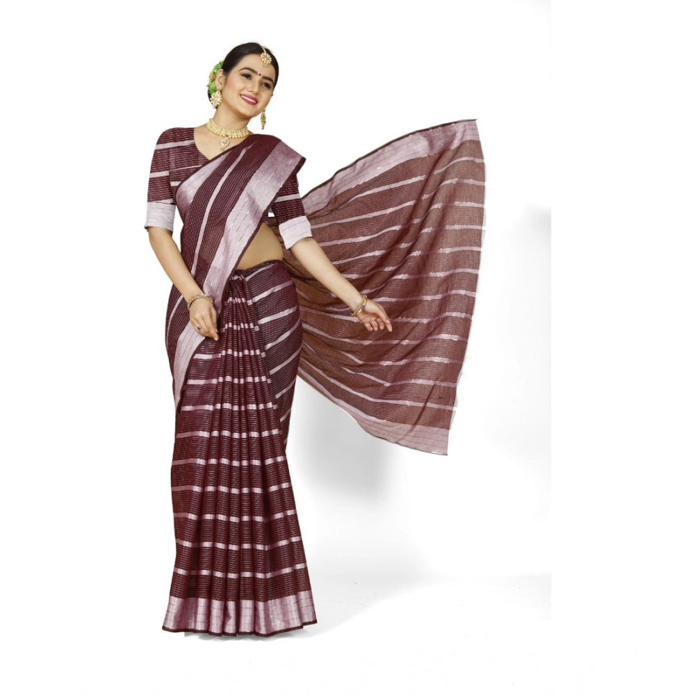 Roneclick Women's Cotton Silk Striped Saree With Unstitched Blouse 5.5Mtr (Maroon)