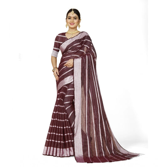 Roneclick Women's Cotton Silk Striped Saree With Unstitched Blouse 5.5Mtr (Maroon)