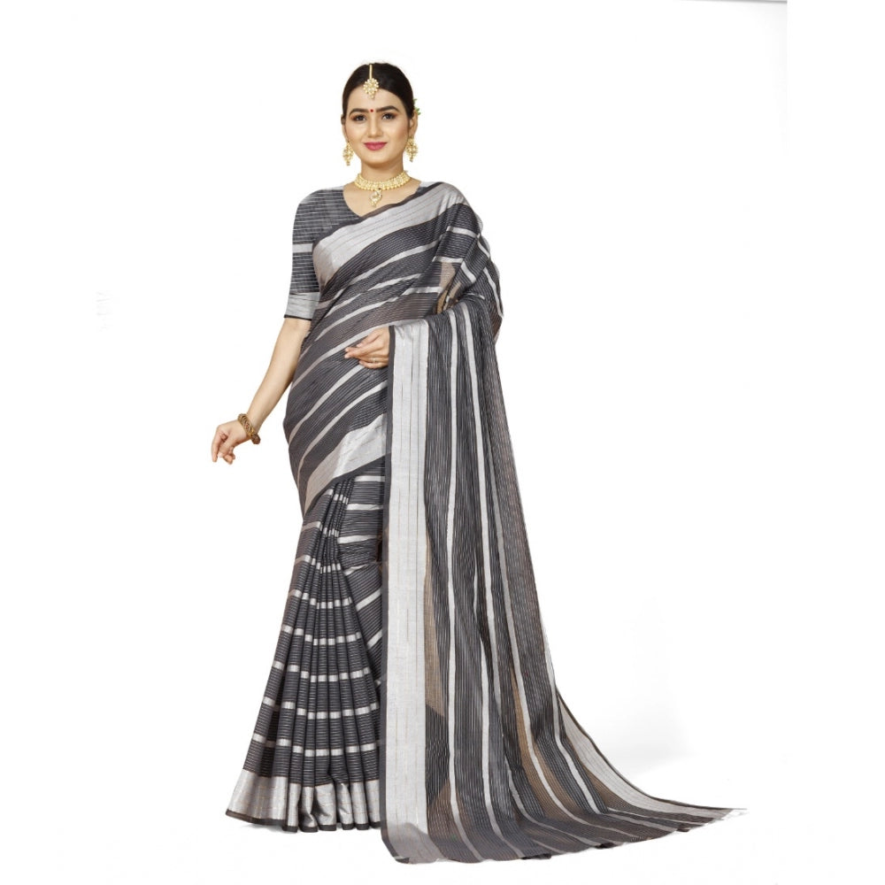 Roneclick Women's Cotton Silk Striped Saree With Unstitched Blouse 5.5Mtr (Grey)