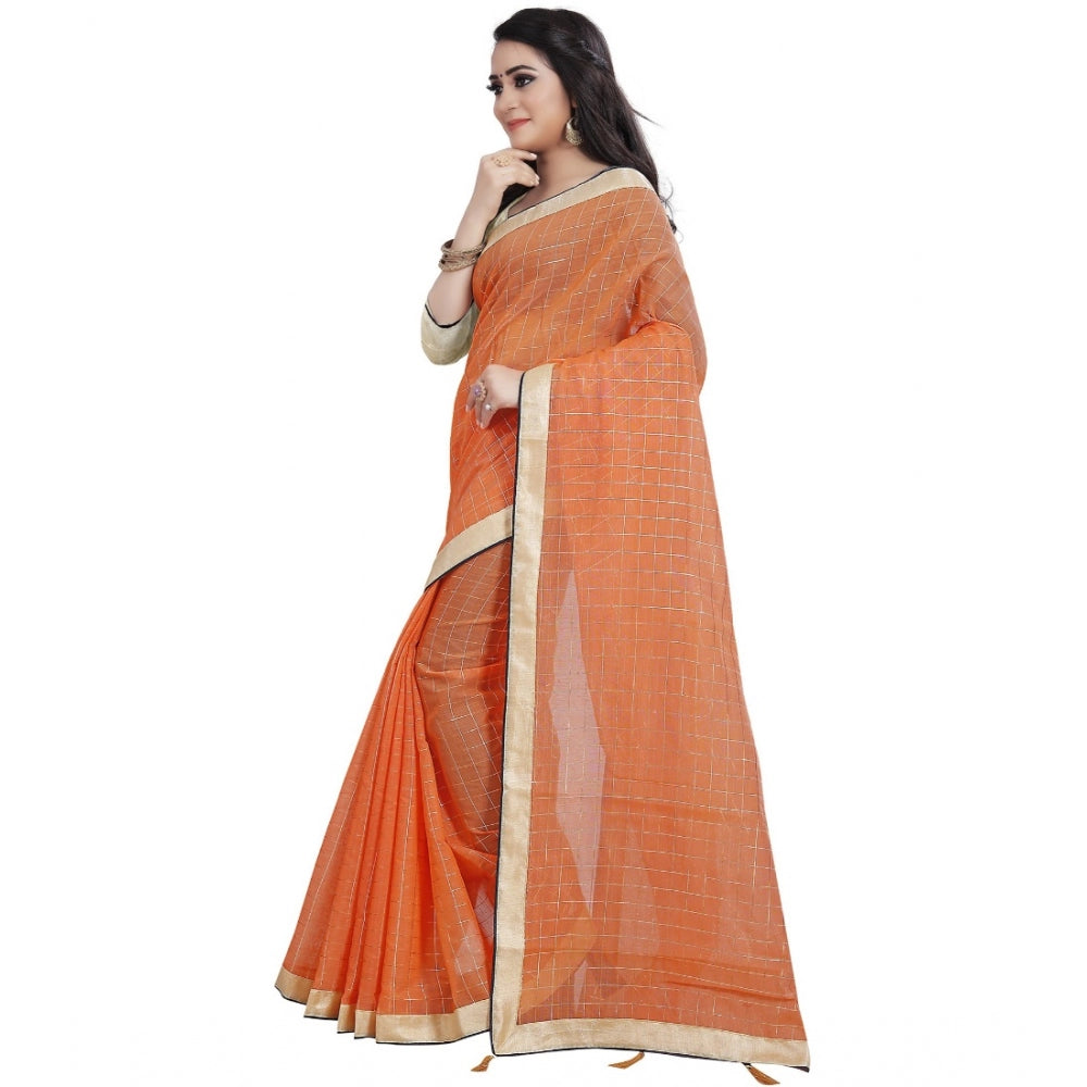 Roneclick Women's Cotton Silk Checkered Saree With Unstitched Blouse 5.5Mtr (Orange)