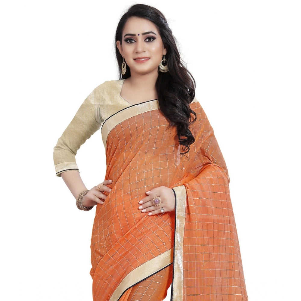 Roneclick Women's Cotton Silk Checkered Saree With Unstitched Blouse 5.5Mtr (Orange)