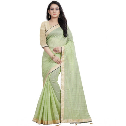 Roneclick Women's Cotton Silk Checkered Saree With Unstitched Blouse 5.5Mtr (Light Green)