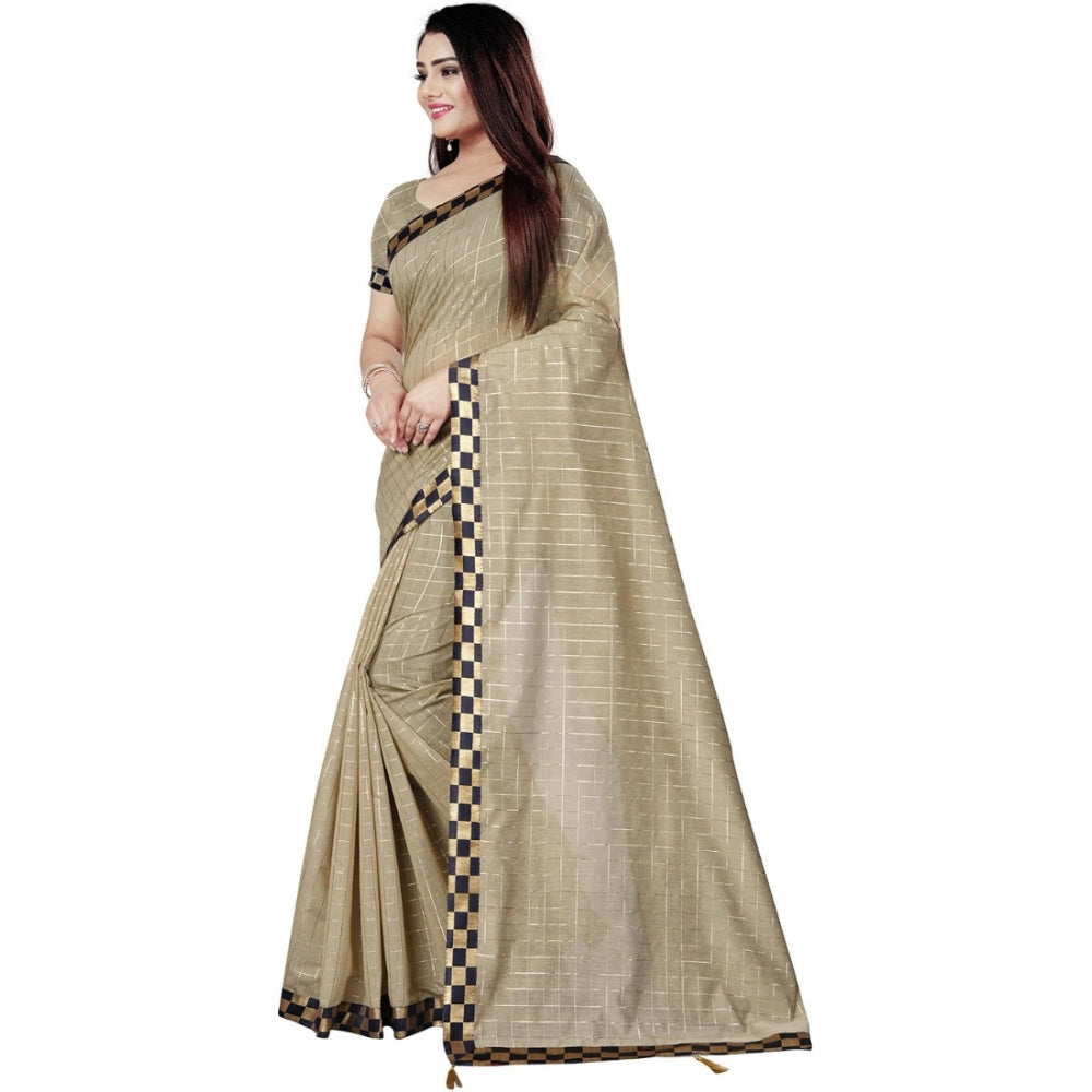 Roneclick Women's Cotton Silk Checkered Saree With Unstitched Blouse 5.5Mtr (Cream)