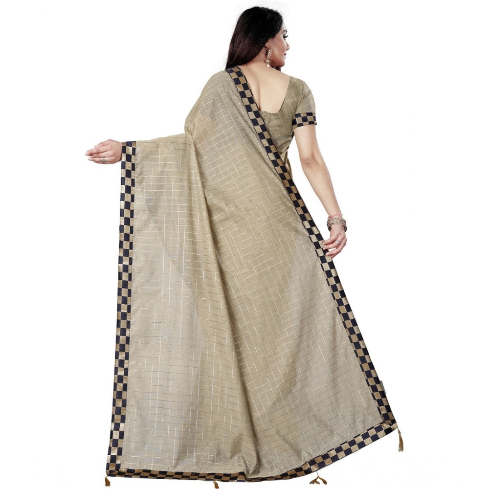 Roneclick Women's Cotton Silk Checkered Saree With Unstitched Blouse 5.5Mtr (Cream)