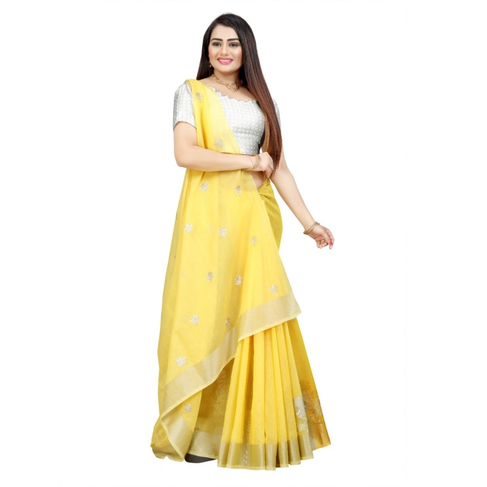 Roneclick Women's Cotton Silk Embroidered Saree With Unstitched Blouse 5.5Mtr (Yellow)