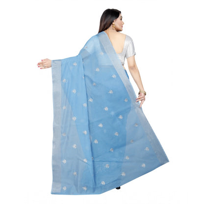 Roneclick Women's Cotton Silk Embroidered Saree With Unstitched Blouse 5.5Mtr (Light Blue)