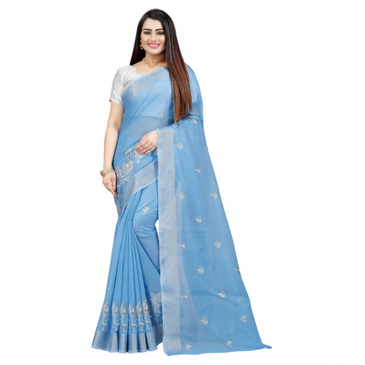 Roneclick Women's Cotton Silk Embroidered Saree With Unstitched Blouse 5.5Mtr (Light Blue)