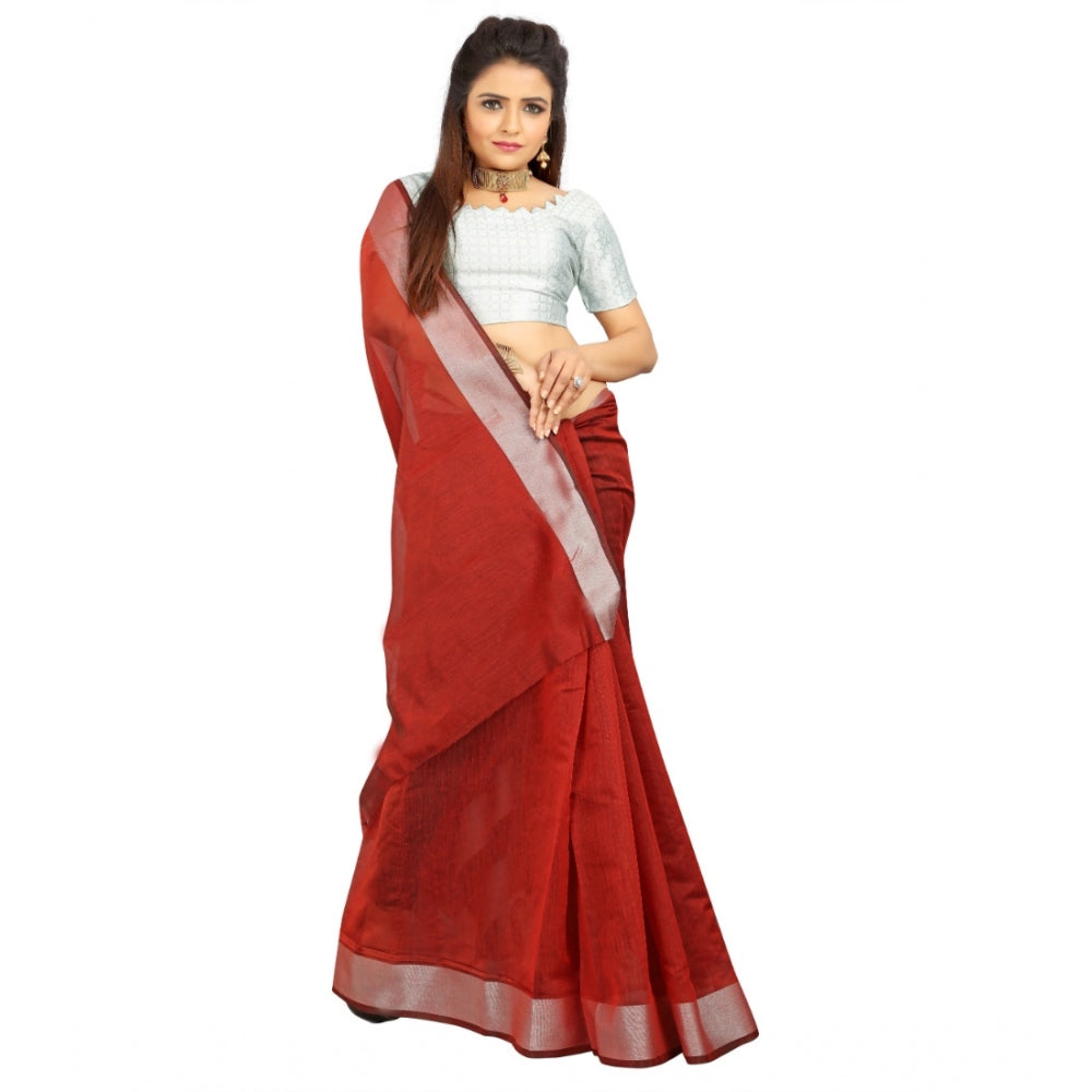 Roneclick Women's Cotton Silk Self Design Saree With Unstitched Blouse 5.5Mtr (Red)