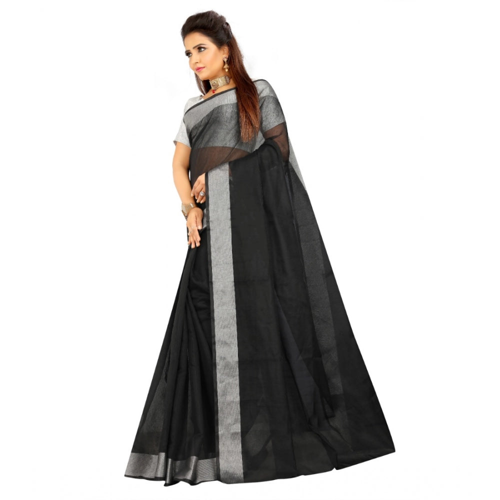 Roneclick Women's Cotton Silk Self Design Saree With Unstitched Blouse 5.5Mtr (Black)