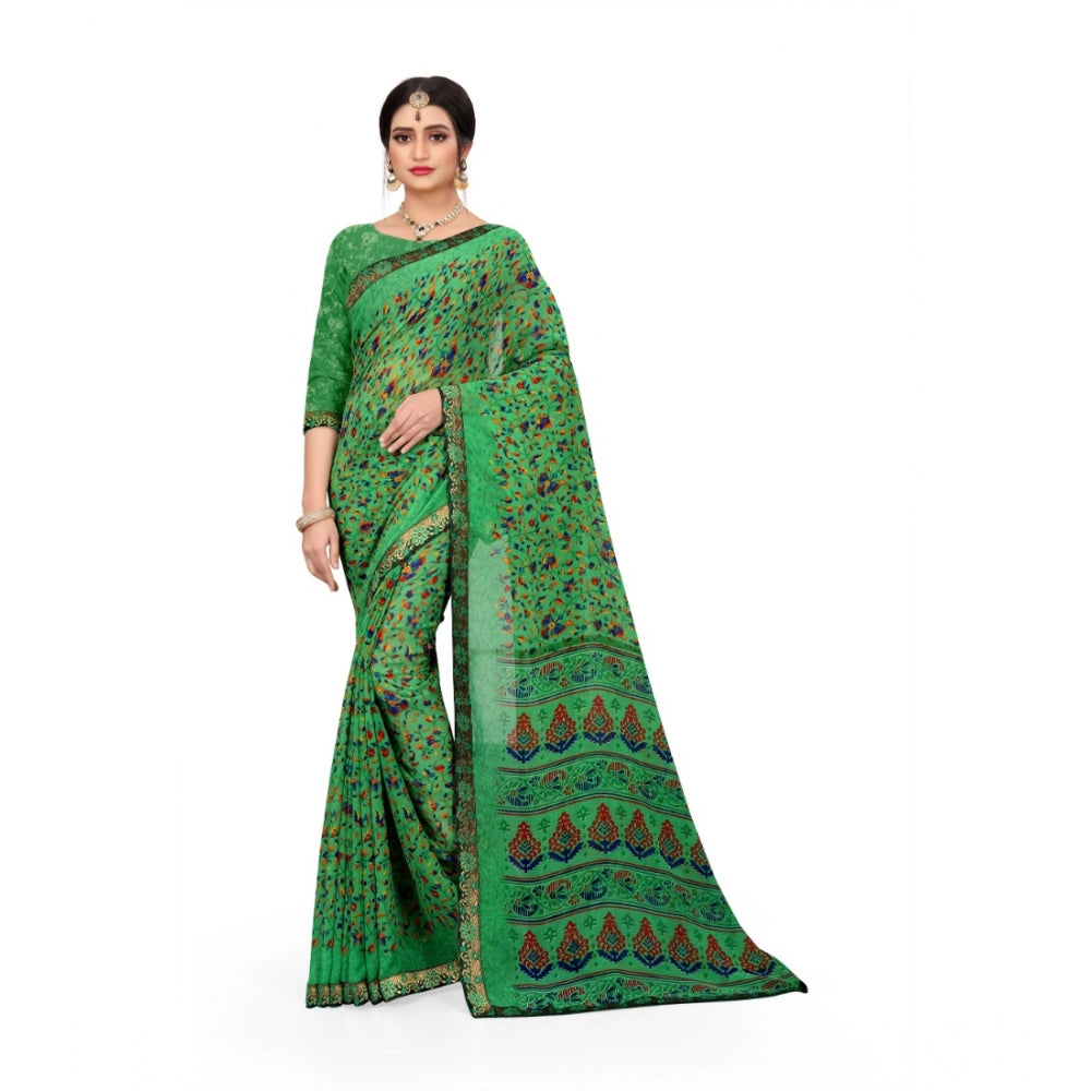 Roneclick Women's Georgette Floral Print Saree With Unstitched Blouse 5.5Mtr (Green)