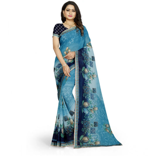 Roneclick Women's Georgette Floral Print Saree With Unstitched Blouse 5.5Mtr (Light Blue)