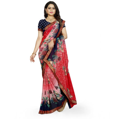 Roneclick Women's Georgette Floral Print Saree With Unstitched Blouse 5.5Mtr (Red-Blue)