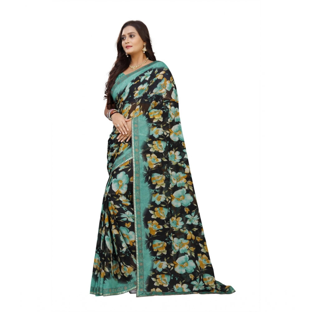 Roneclick Women's Georgette Floral Print Saree With Unstitched Blouse 5.5Mtr (Blue-Black)