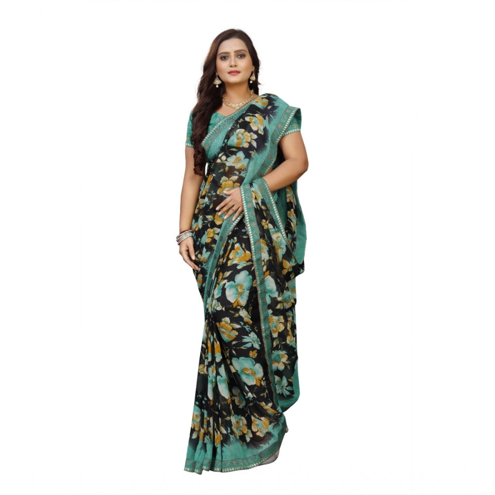 Roneclick Women's Georgette Floral Print Saree With Unstitched Blouse 5.5Mtr (Blue-Black)