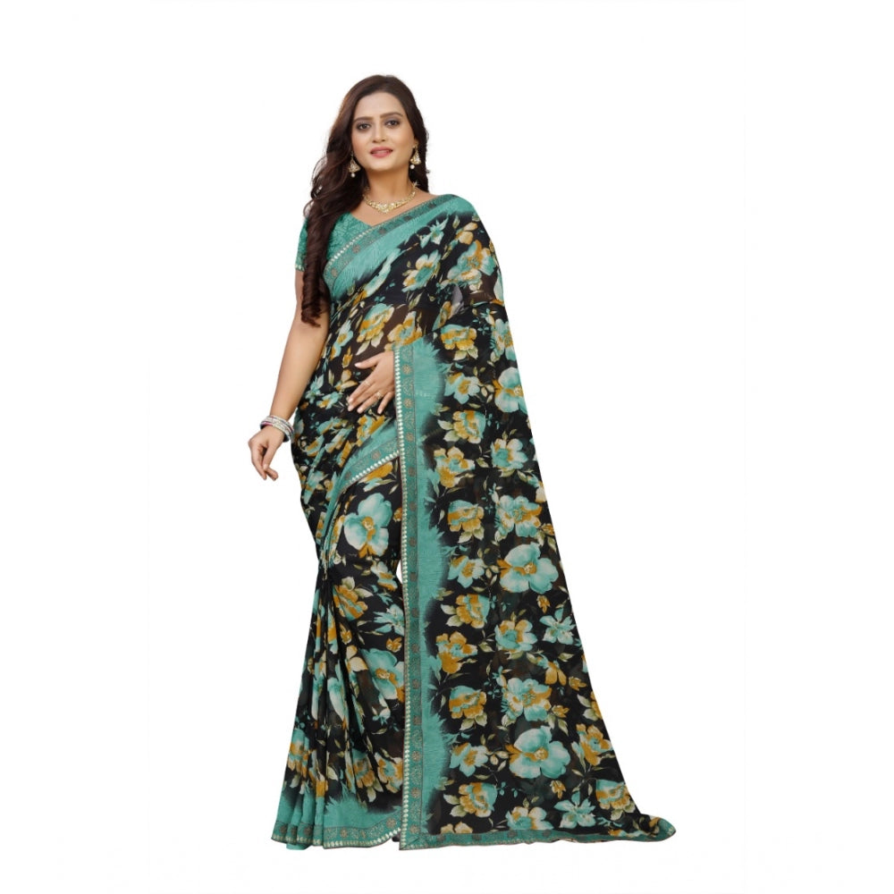 Roneclick Women's Georgette Floral Print Saree With Unstitched Blouse 5.5Mtr (Blue-Black)