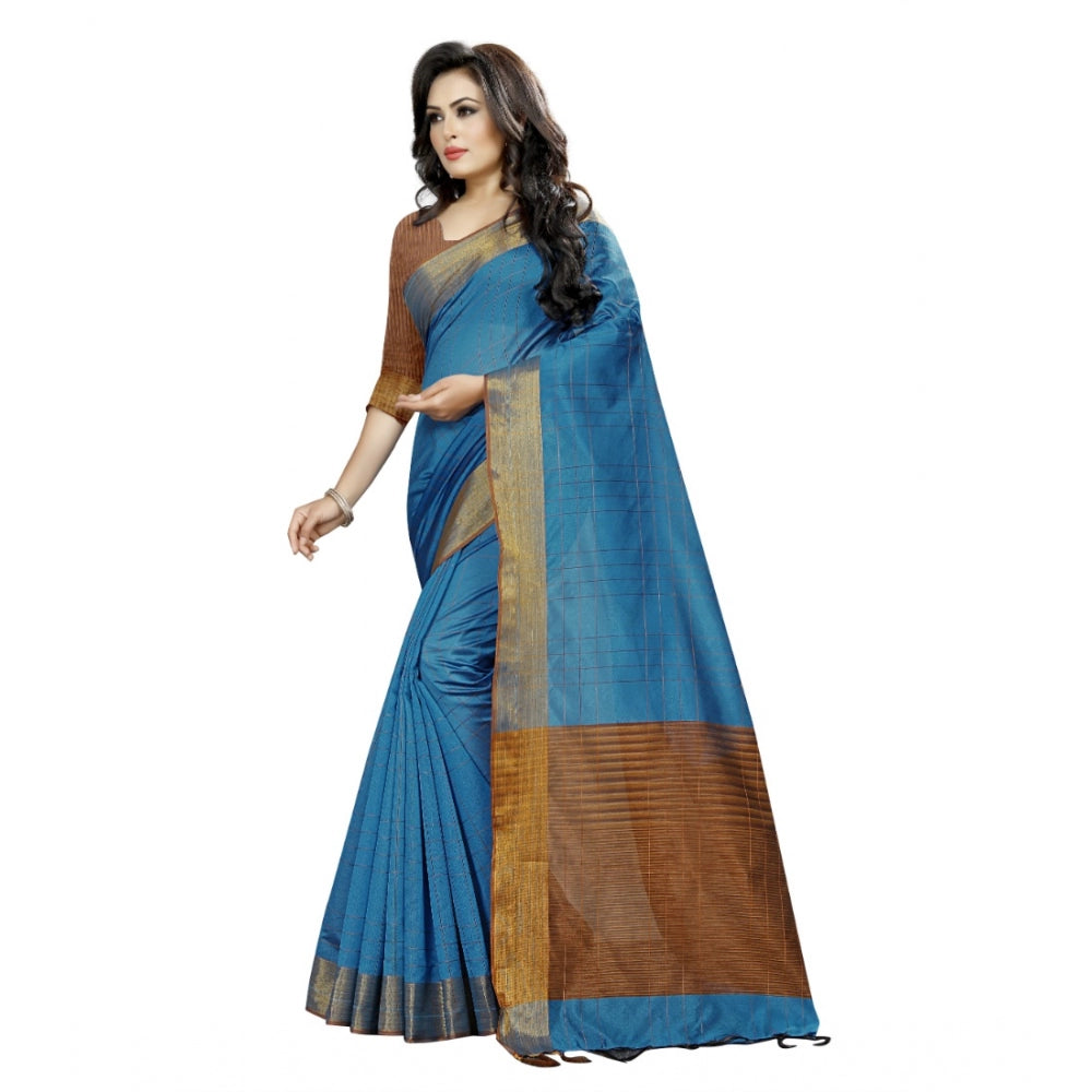 Roneclick Women's Cotton Silk Self Design Saree With Unstitched Blouse 5.5Mtr (Light Blue)